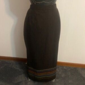 Joan Leslie Brown Wool Blend Wrap Front Stripe Embroidered skirt, size 16W